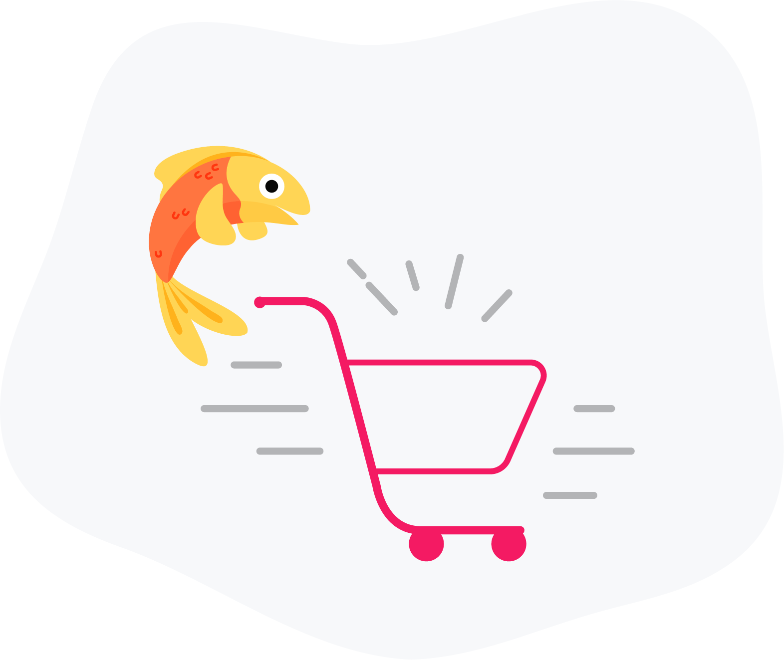 Frischy cart illustration — fish jumping into a shopping cart