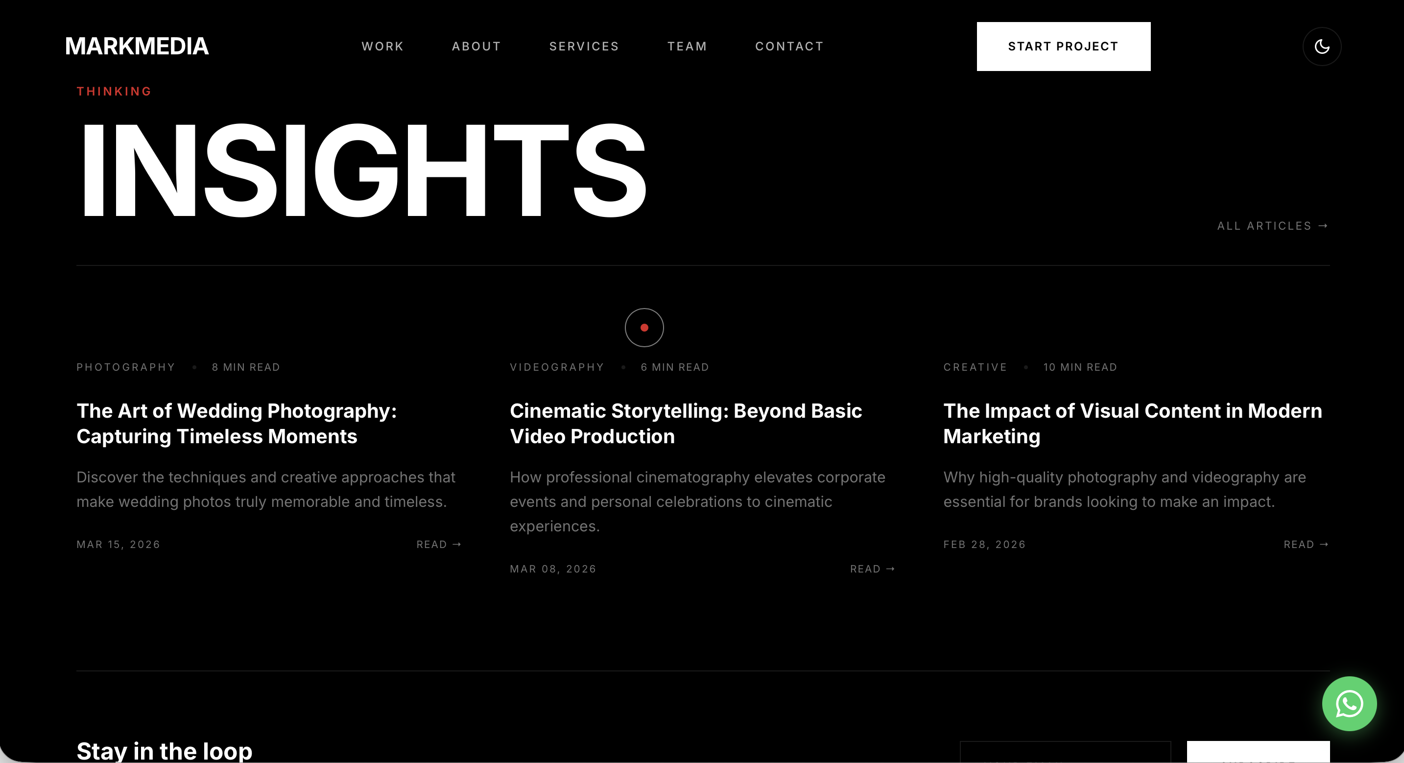 Mark Media homepage screenshot with a visual storytelling headline